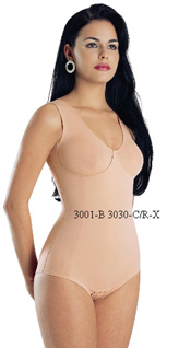 3001-B/3030-C/R-X: Body Suit, Pre-Molded Seamed Cup, Wide Straps, Reinforced Torso, Hook & Eye Crotch      3001-B/3030-C/R-X: 
														Body Modelador, Copa prehormada con costuras, Tiras Anchas, Resfuerzo en el Torso, Abertura entre las piernas con 
														broches.      